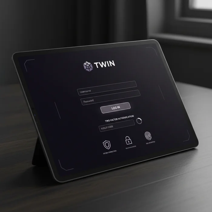 Écran de connexion Twin — champ email, mot de passe et option 2FA